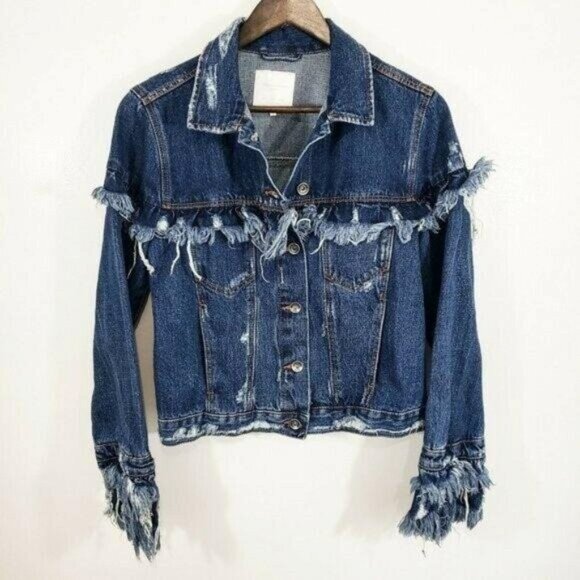 Zara Women's Denim Fringe Jean Jacket size Large - Picture 1 of 9